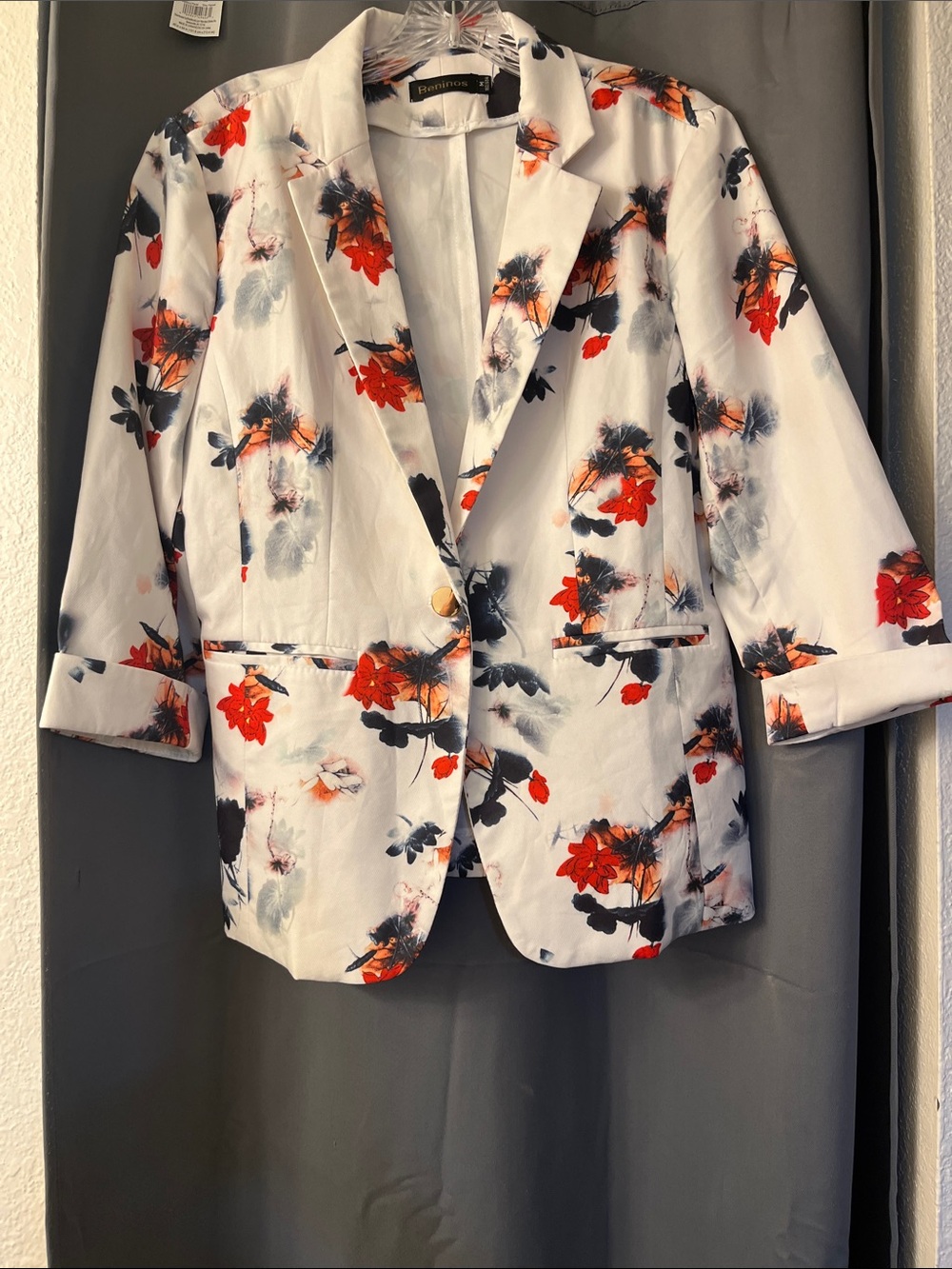 Beninos White Blazer with Red & Navy Floral Print